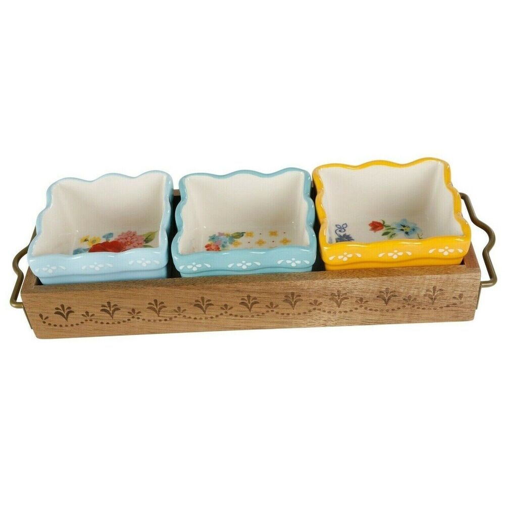 Pioneer Woman Floral Medley Condiment Bowls Stoneware Acacia Wood Tray 4-pc Gift
